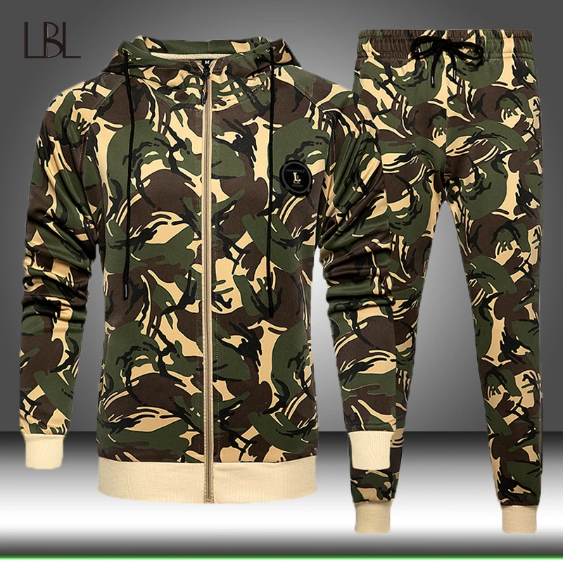 Men Tracksuit Outerwear Hoodie-Set Camo 2pieces Pants Jacket Winter Casual Autumn Male