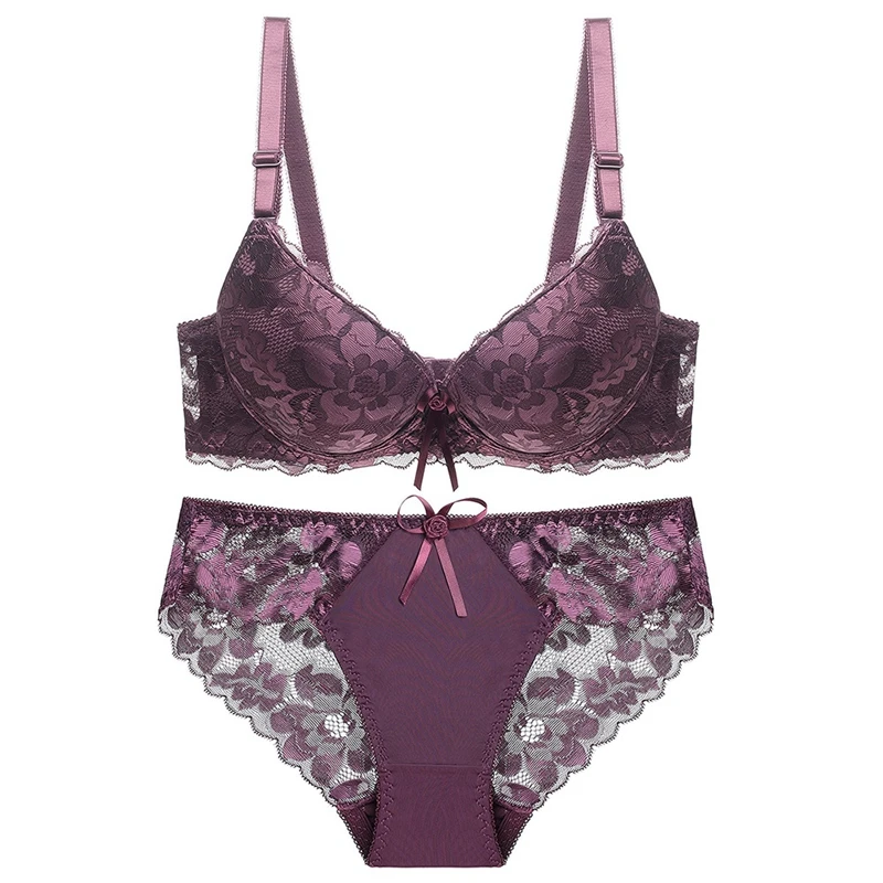 

Julexy C D Cup Women Bra Set Lace Hollow Underwear Panty Set Solid Push Up Bra Brief Set Big Size