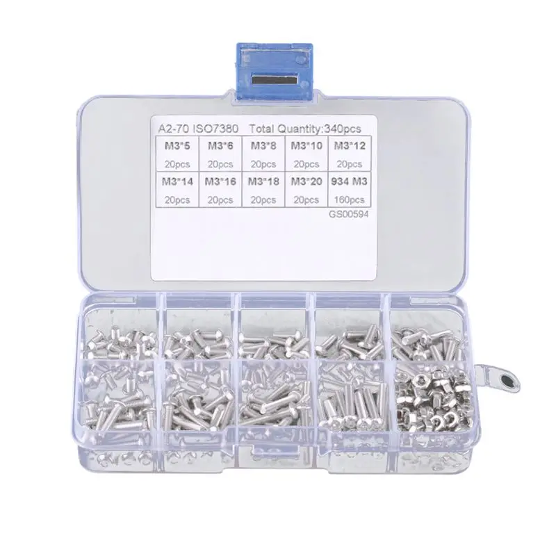340pcs M3 Hex Socket Screw Nut Stainless Steel M3 Screws Nuts Assortment Kit Fastener