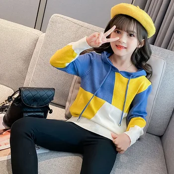 

Girls Hooded Knitting Jackets Clothes Kids Plaid Patchwork Knit Coats Baby Big Girl Autumn Hoodies Tops Children Casual Tops