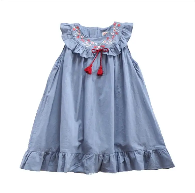 Летнее платье с цветочным рисунком для маленьких девочек; хлопковый сарафан синего цвета с цветочной вышивкой; Детские платья; одежда для детей;