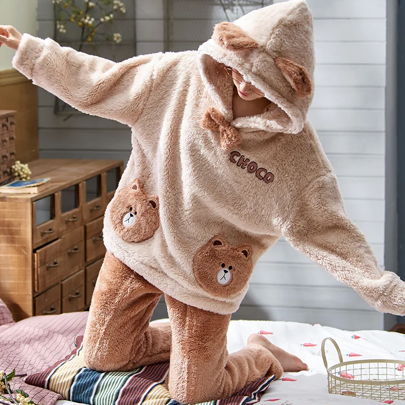 Light brown bear Теплый пижамный комплект больших размеров M-5XL для девочек и женщин, фланелевая утолщенная Домашняя одежда с длинными рукавами и рисунком розового кролика кораллового цвета - Цвет: Light brown bear