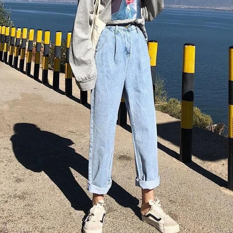 

Jeans Women's Loose-Fit Spring Light Color Wide-Leg Students Korean-style High-waisted Versatile Straight-Cut Elastic Waist Dad