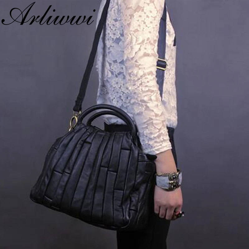 Crossbody Bag Arliwwi REAL LEATHER Tote Handbag For Women Genuine Cowhide Handmade Patchwork Elegant Cross Body Bags Lady GJ01