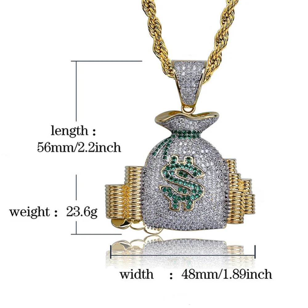 Мужской Шарм богатый Американский мешок для денег стек Iced Out наличные монеты Золотой Цвет кубический циркониевый хип хоп Ювелирные изделия Подарки Подвески Ожерелья