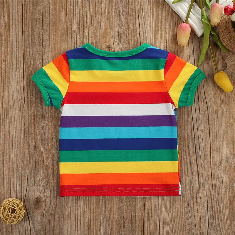 Футболка для малышей; Одежда для новорожденных; Повседневный пуловер с радугой для девочек; футболка; топы; платье в полоску