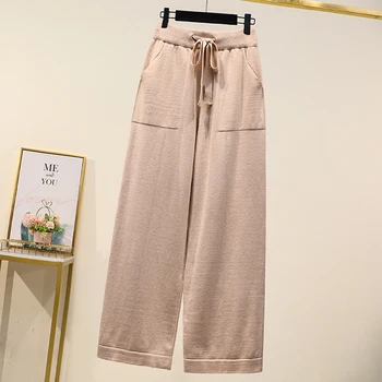 

Knitted Pants Women High Waist Plus Size Female Loose Drawstring Autumn Casual Wide Leg Pants 100kg