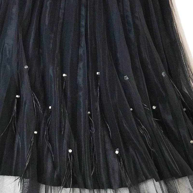 FairyShely, бархатная плиссированная длинная юбка с бисером, Женская осенне-зимняя эластичная юбка средней длины из розового тюля с высокой талией, модная одежда