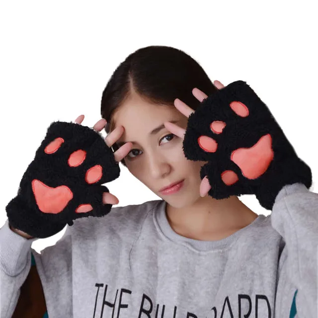Женские милые пушистые плюшевые перчатки Warmt с когтями в виде лап медведя, кошки, зимняя рукавица, мягкие плюшевые короткие перчатки без пальцев - Цвет: Черный