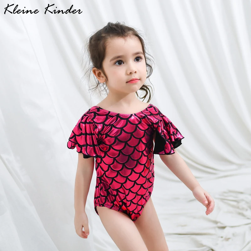 Купальный костюм для девочек с рукавами-крылышками, бикини для маленьких девочек, цельный купальный костюм для младенцев с принтом рыбьей чешуи