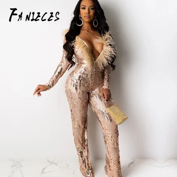 

Sexy Nightclub Deep V Neck Women fashion tassel Jumpsuit long Sleeve Backless Sequined Rompers femme skinny Jumpsuits mono mujer