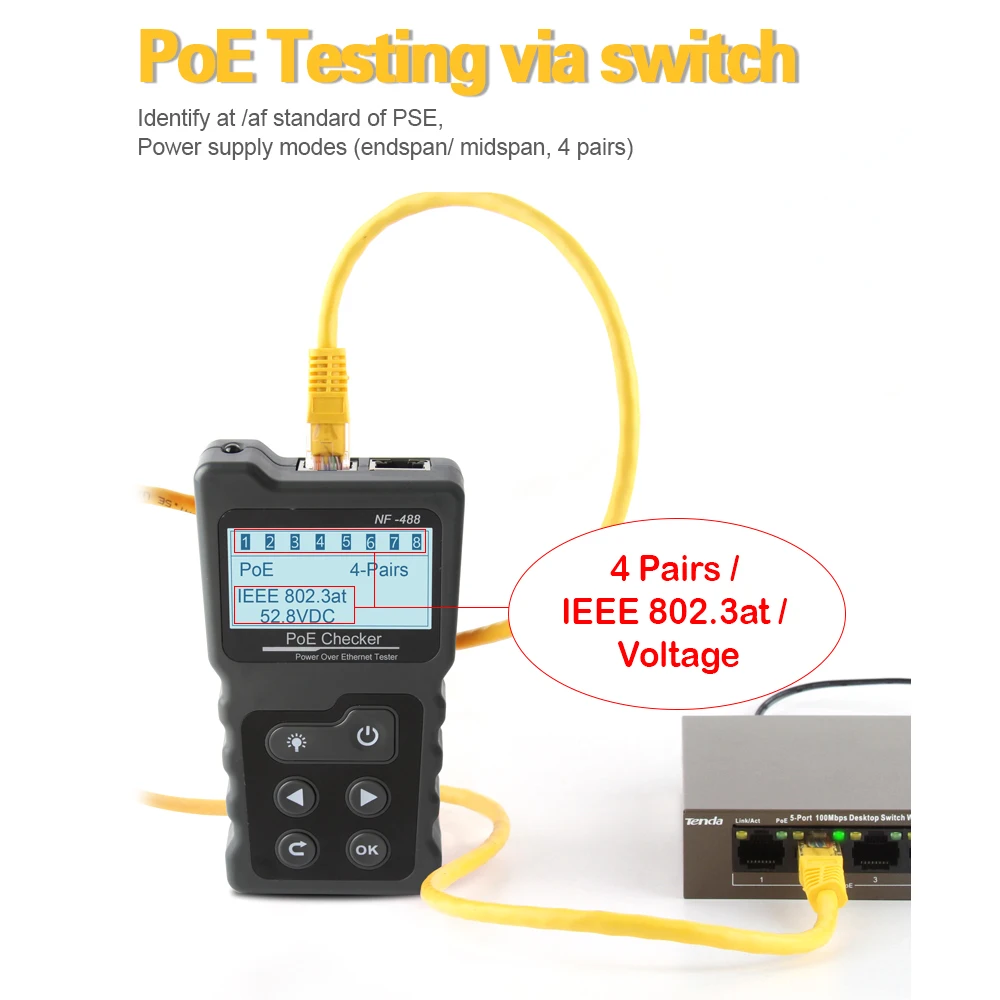 

LCD Network Cable Tester Multi-functional Current Tester with Cable Tester and PoE Checker Inline PoE Voltage