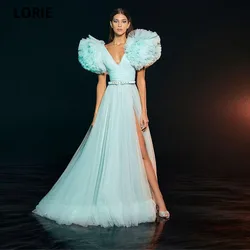 LORIE Mint Green Tulle A Line Long Prom Dresses Ruffles Tiered Sleeves V Neck Slit Long Evening Gowns 2021 Fashion Formal Dress