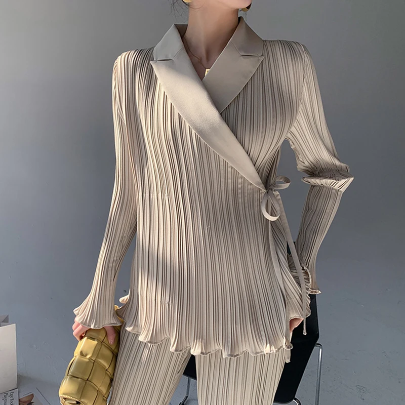 

Women's Set For Female Lapel Collar Long Sleeve Lace Up Bowknot Top High Waist Pants Pure Color Two Piece Sets