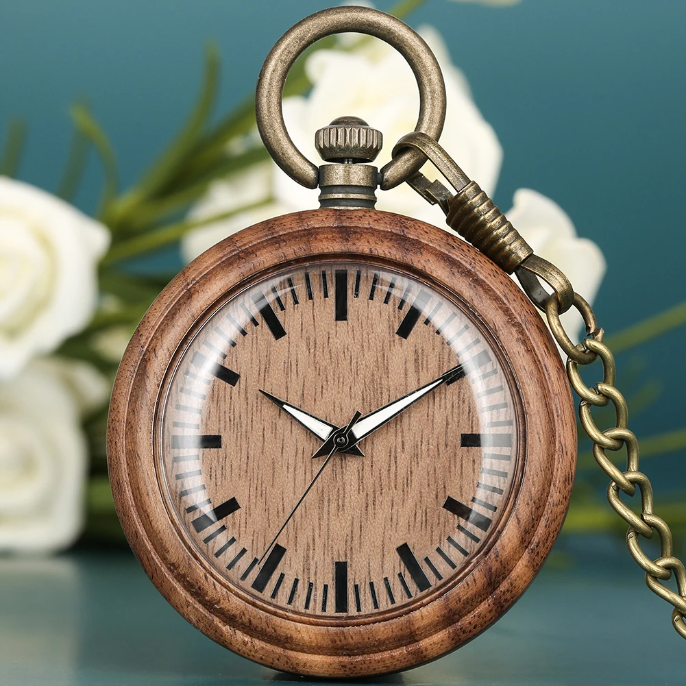 Retro Large Dial Walnut Case Pocket Watch for Men Concise Luminous Pointers Necklace Female Clock Gift 3