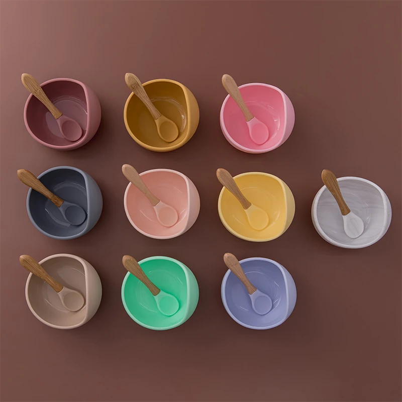 1set Baby Silicone Bowl Feeding Set Kids Dishes Spoon Waterproof Spill-Proof Suction Rotating Bowl Tableware Silicone Plate Dish