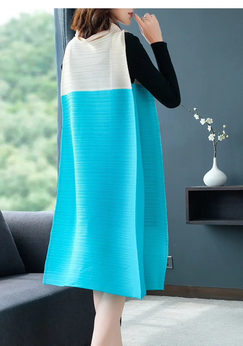 HOT SELLING Miyake Fashion fold sleeveless patchwork stand neck dress IN STOCK