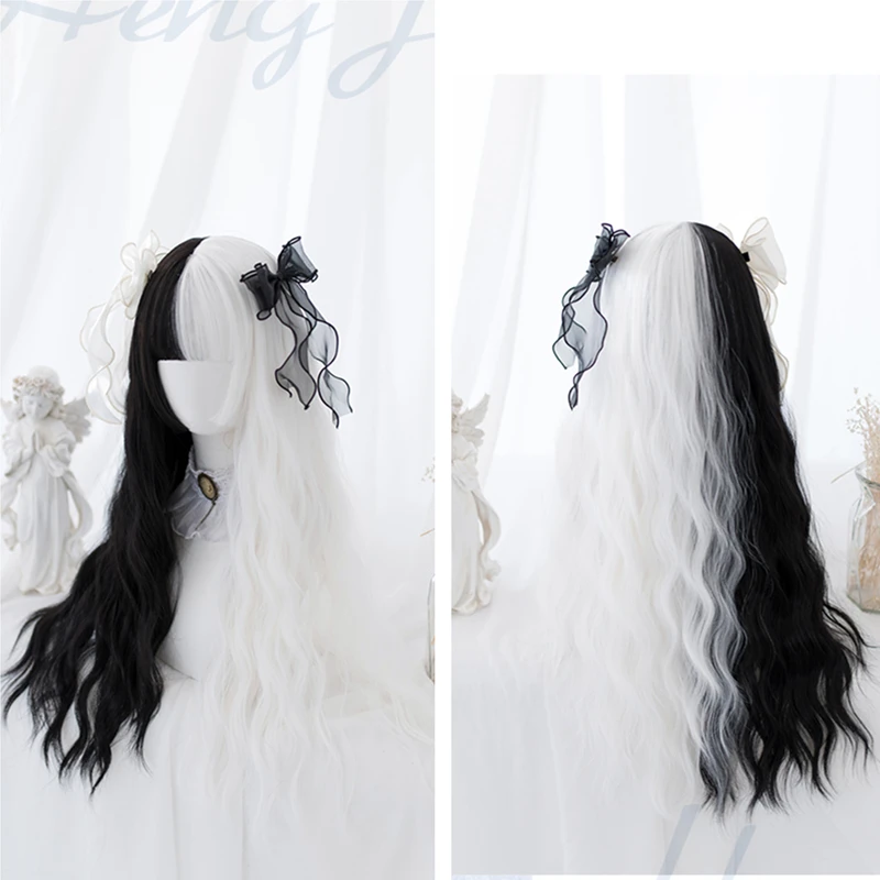 

Centre-parted White and black Curly lolita Cosplay Wig Girl Hairpiece Blunt Bangs Waves Curly Hair Periwig 80 cm Wig only no Bow