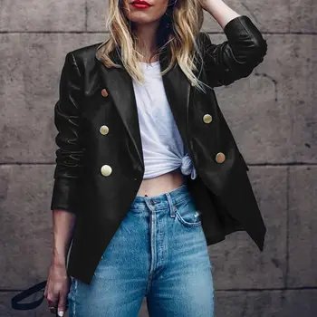 

Women Autumn Solid Color Faux Leather Double-breasted Lapel Blazer Jacket Suit Solid Color Double-breasted Design Lapel Coat