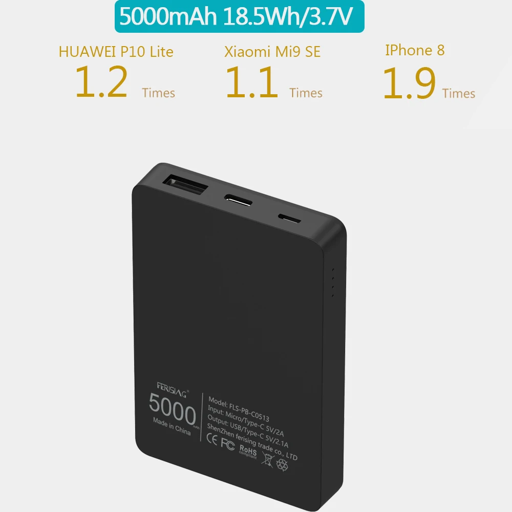 FERISING-Mini banco de energía Delgado, cargador de batería externo portátil de 5000 mAh, 5000 mAh, USB tipo C, para Xiaomi - Imagen 2