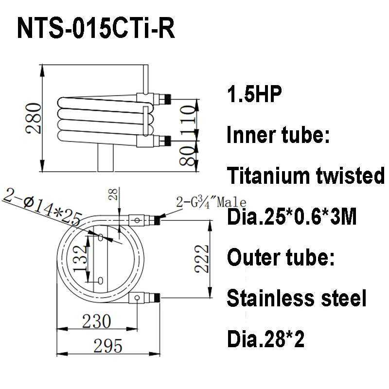 1.5hp Titanium Twisted Tube in Stainless Steel Coaxial Condenser, Seawater Condenser Heat Exchanger