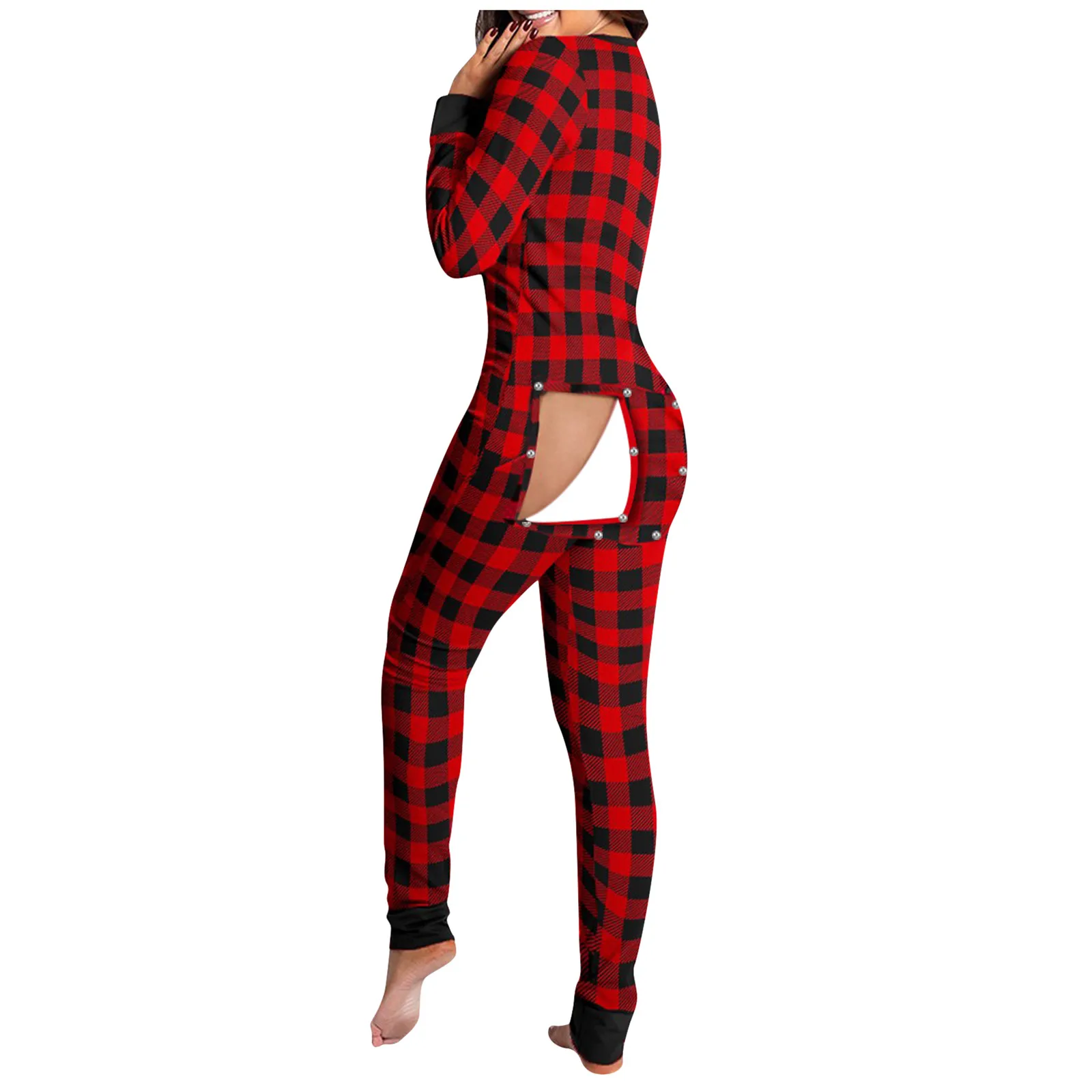 Women Bodysuit Sleep Wear Set Red Plaid Print Onesies Pajamas With Butt Flap For Adults Sexy Sleepwear Romper Women's Tracksuit Open Butt Playsuit Bodysuits