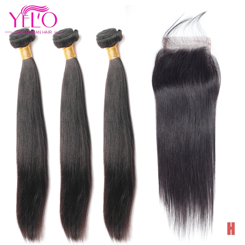 YELO высокий коэффициент 3 шт. бразильские прямые волосы Remy с закрытием кружева 4X4, 5X5, 6X6 детскими волосами 100% натуральный Цвет ткань