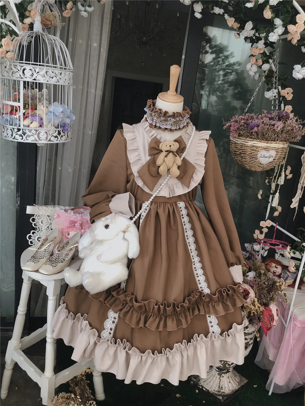 Французский сладкий Лолита Kawaii плюшевый медведь кукла платье ретро женские с длинным рукавом воланом принцесса с пышными рукавами ОП платье осень