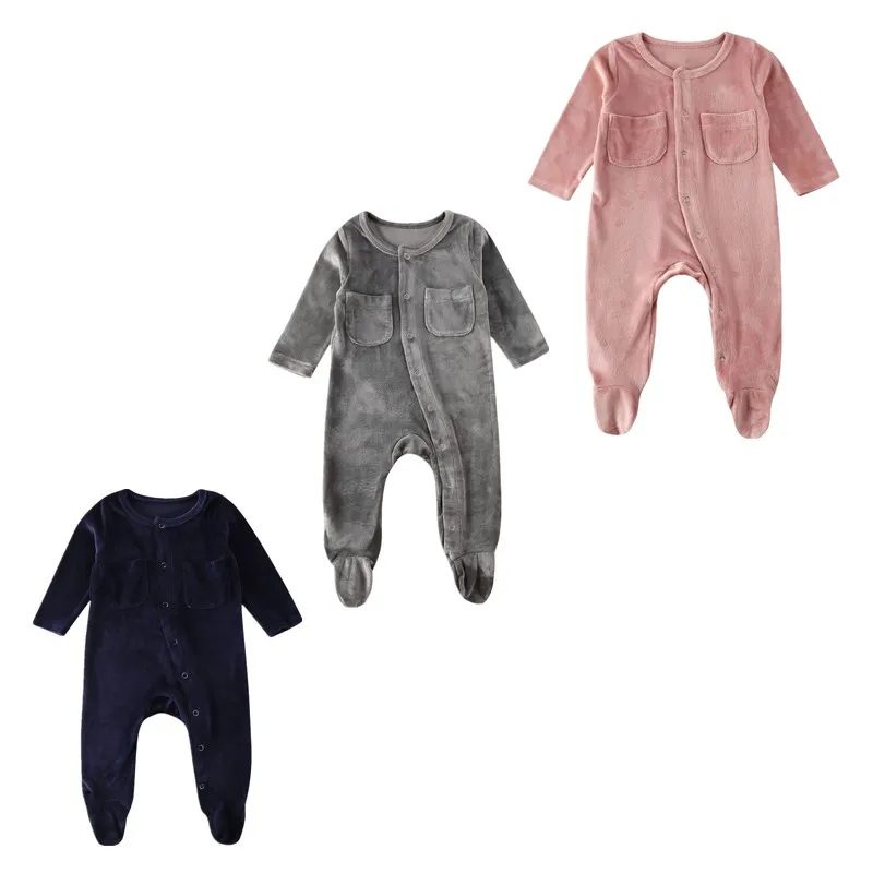 

Newborn Infant Baby Girl Boy Romper Clothes Velvet Solid Long Sleeve Single Breasted Romper Jumpsuit Outfits