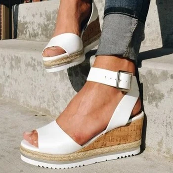 

2020 Women Ankle Starp Wedges Women's Buckle Platform Hemp Woman Sandals Female Open Toe Casual Ladies Office Shoes Plus Size