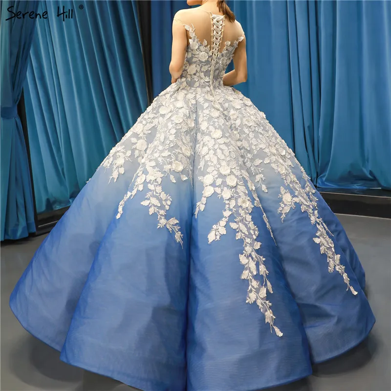 Blue Gradation Handcrafted Flowers Wedding Dresses O-Neck Sleeveless Lace Up Bridal Gowns Serene Hill Custom Made C66698