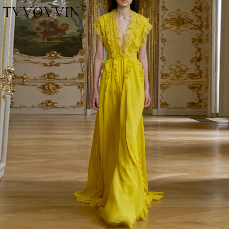 2019 Zomer Vrouwen Elegante Ruches Chiffon Kant Patchwork Geplooide Maxi Lange Jurk Hoge Kwaliteit Designer Runway Dress Vestidos V690 2019 Zomer Vrouwen Elegante Ruches Chiffon Kant Patchwork Geplooide Maxi Lange Jurk Hoge Kwaliteit Designer Runway Dress Vestidos V690