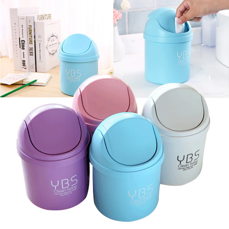 

Mini Waste Bin Desktop Garbage Basket Table Home Trash Can Roll Swing With Lid Plastic Storage Bucket Home Cleaning Supply