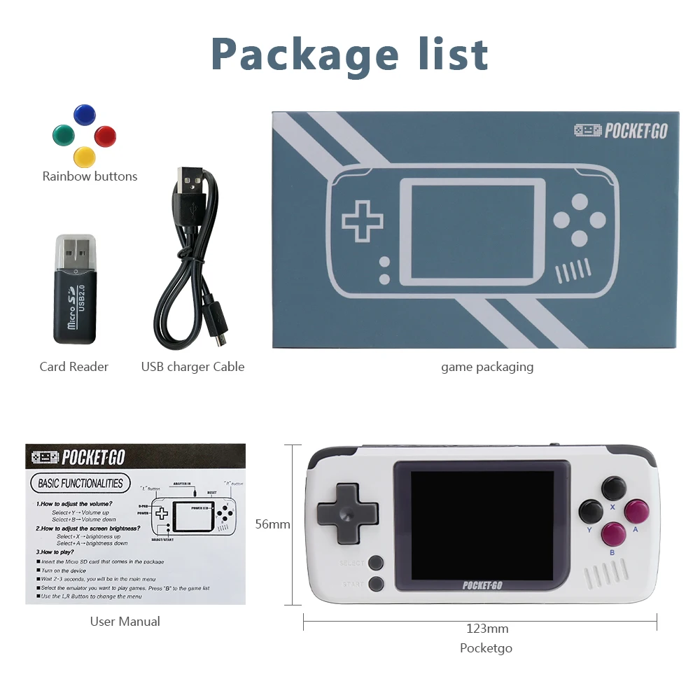 Video Game Console -PocketGO - Portable Handheld Retro Game Players Progress Save/Load MicroSD card External Colorful Screen