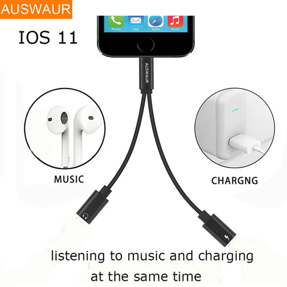 New For iphone 8 7 Plus Earphone Audio Adapter Charging+Listening to Music Connector Cable Microphone Call Support IOS 10.3/11 | Мобильные