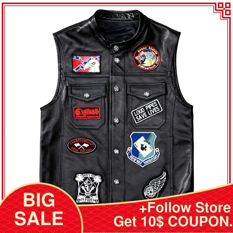 

2020 Black Short Motorcycle Style Leather Vest Men Plus Size 4XL Genuine Cowhide Spring Slim Fit Pattern Leather Vest