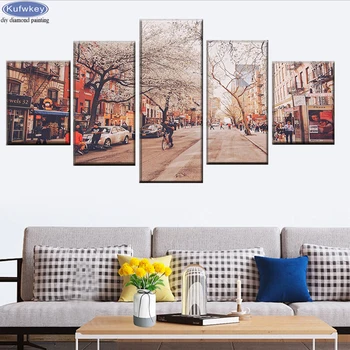 

5 pcs diamond painting New York street sakura scenery diamond mosaic full square round diamond Embroidery diy living room decor