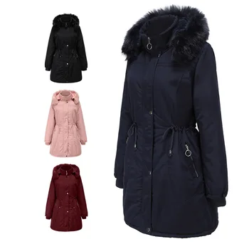 

WEPBEL Women's Jacket Long Plus Size Hooded Jacket Winter Warm Plus Coat Fur Pockets Button Fashion