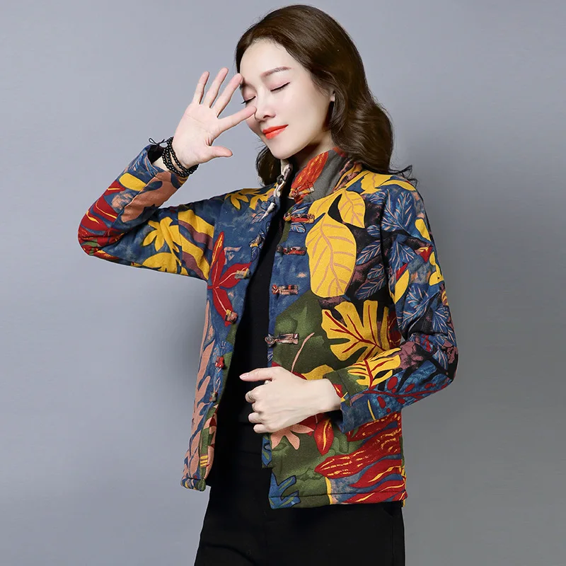 

2019 Autumn And Winter New Style WOMEN'S Dress National Wind Cotton Coat Small Cotton-Padded Jacket Short Cotton Linen Printed C
