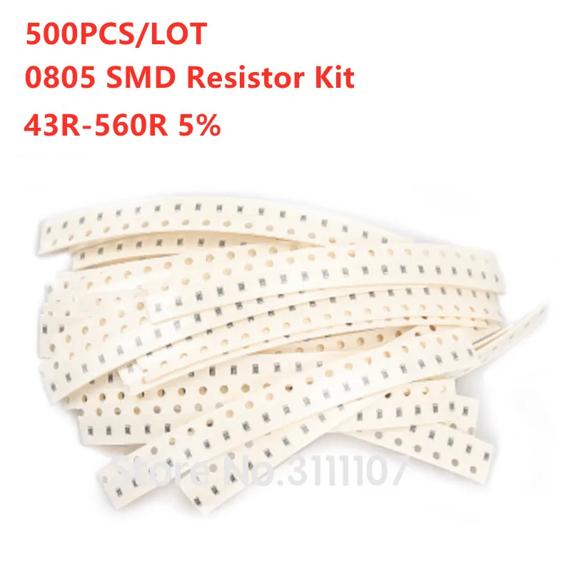 500PCS 0805 SMD Resistor Kit Resistance 43R-560R 5% 25Kinds*20pcs Total 500pcs 43 Ohm-560 Ohm Chip Resistors