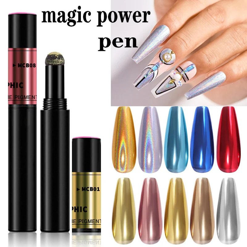 

12 Colors Nail Pen Nail Powder Air Cushion Pen Red Silver Rose Gold Mirror Nail Powder Pencil Nail Art Pen Nail Art Decorations