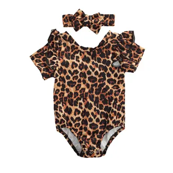 

Pudcoco Baby Summer Clothing Newborn Infant Baby Girls Boys Leopard Bodysuits Ruffles Short Sleeve Jumpsuits Headband 2pcs