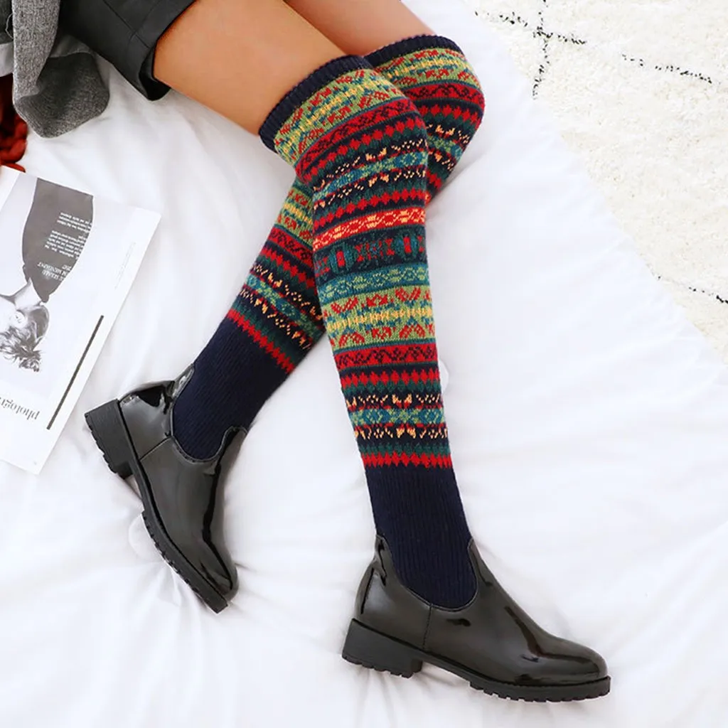 

Ladies winter warm Christmas pattern over the knee boots ladies retro large size blue with high heel sexy snow boots