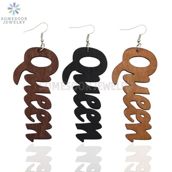

SOMESOOR Engraved Big Queen African Wooden Drop Earrings Vintage Afro Ethnic Design Laser Carved Wood Ear Loops For Women Gifts