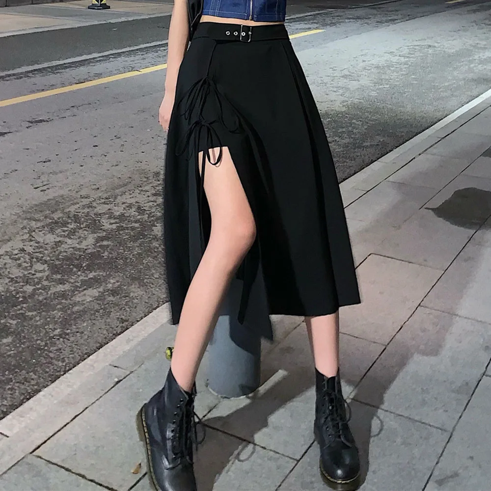 

Rosetic Gothic Women Skirt High Waist Asymmetric Design Plain Split Bandage Fashion Midi Casual Skirts Young Girl 2020 Summer