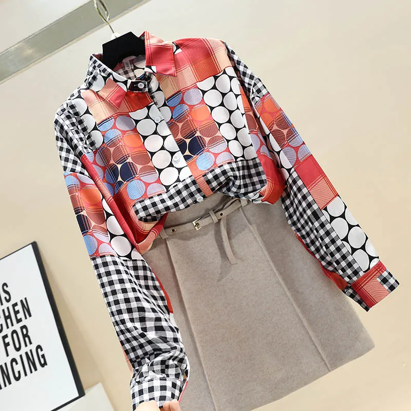 Blouse Woman 2020 Spring New Loose Big Yards Polka Dot Plaid Patched-Color Printed Chiffon Shirt Blouses Blusas Ladies Tops - 4.00068E+12