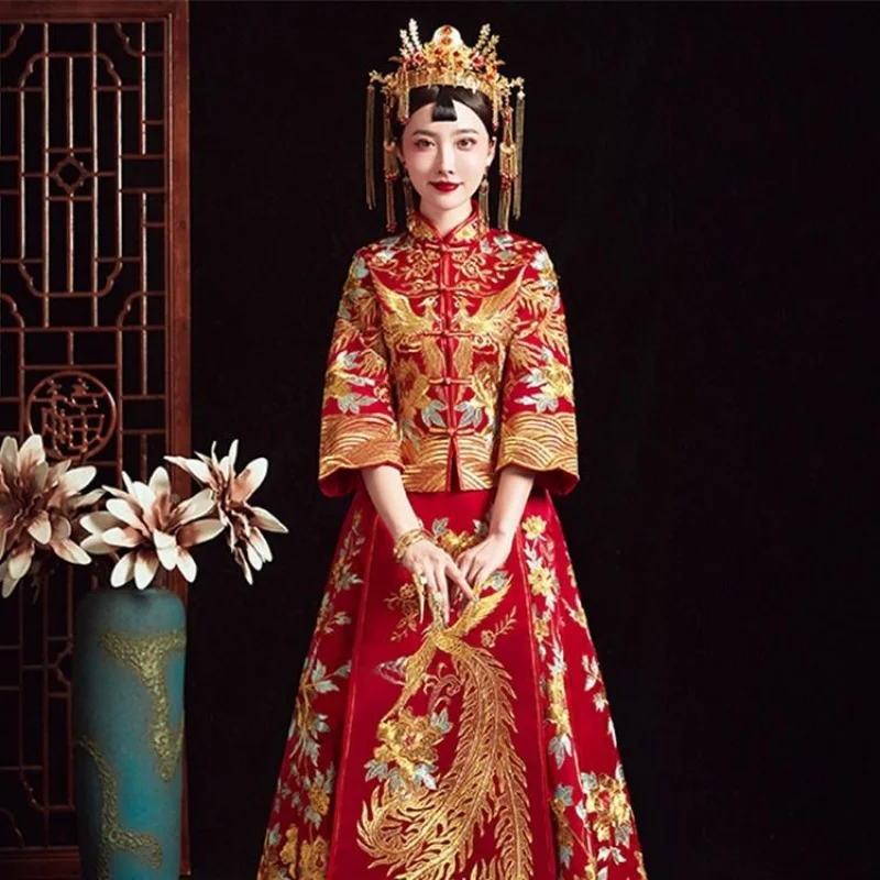Elegant Chinese Style Qipao Bride Wedding Dress Exquisite Embroidery Phoenix Full Length Party Hanfu Clothing Plus Size | Тематическая