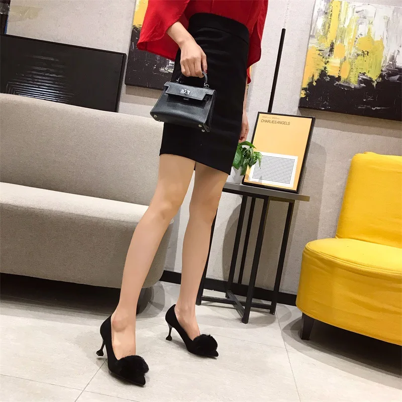 

733-23 Cat with Work Pointed Shallow Mouth 2019 New Style Female Spring High Heel Shoes Spring And Autumn Furry Sexy Versatile