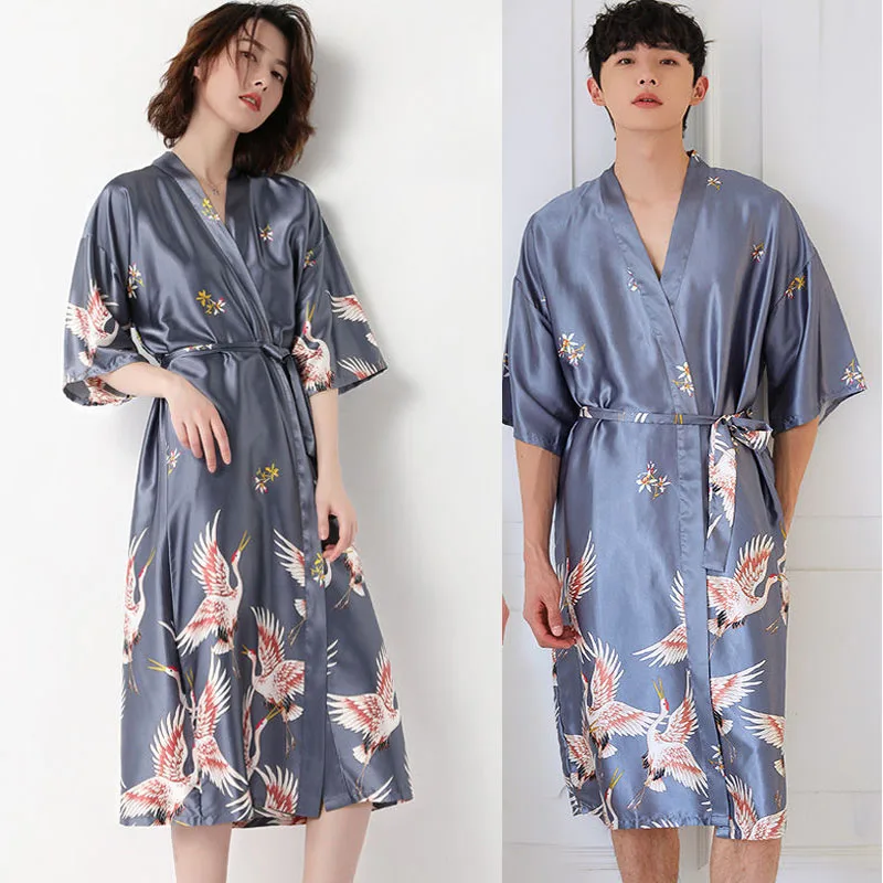Couples Stylish Men's Bathrobe Silk Kimono Long Sleeves Robe Chinese Lucky Dragon Print Pajamas Men Gown Bathrobe Men Homewear