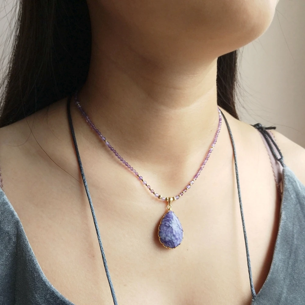 LiiJi уникальные шармы Charoite Аметист Фиолетовый Циркон подлинный камень 9K GF Нежный
